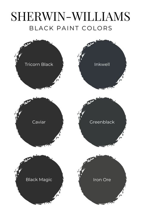 Sherwin-Williams Tricorn Black: Paint Color Review - Stefana Silber Home Theater Paint Colors Sherwin Williams, Tricorn Black Sherwin Williams Cabinets, Tricorn Black Color Palette, Black Bridgerton, Tricorn Black Sherwin Williams, Masculine Farmhouse, Sw Tricorn Black, Bridgerton Decor, Black Painted Stairs