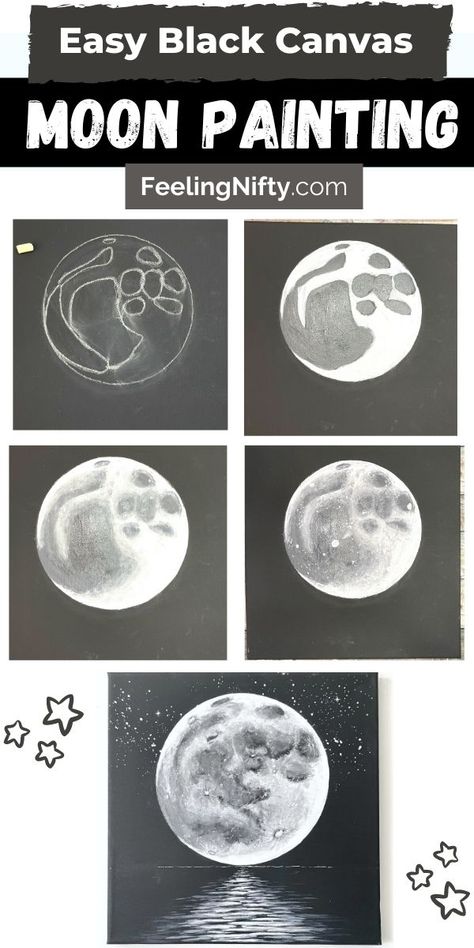 Moon Tutorial, Moon Paintings, رسم كاريكاتير, Black Canvas Art, Black Canvas Paintings, Moon Painting, Canvas Painting Designs, Learn How To Paint, Galaxy Painting