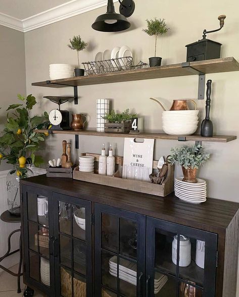 Sideboard Buffet With Shelves Above, Wooden Shelves Dining Room, Dining Room And Coffee Bar, Black Kitchen Cabinets Dining Table, Shelves For Dining Room Wall, Buffet In Dining Room Ideas, Wall Shelving Dining Room, Wall Of Shelves Dining Room, Above Buffet Wall Decor Dining Room