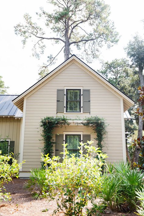 Gallery — Bellwether Tan Siding With Shutters, Cream House Brown Trim, Tan Cottage Exterior, White House Tan Trim, Cream House White Trim, Sw Jogging Path Exterior, Exterior House Colors Cream, Greige Exterior, Cream House Exterior