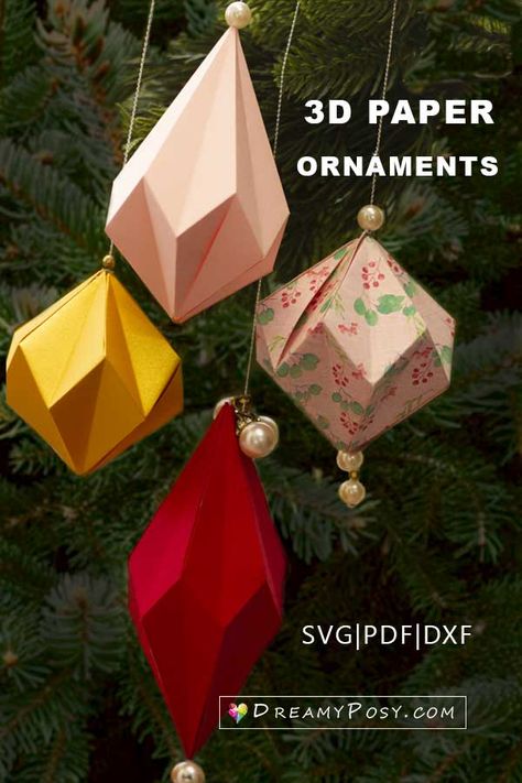 DIY 3D paper ornaments from SVG and PDF templates. Paper 3d Ornaments, Diy 3d Paper Ornaments, 3d Paper Art Cricut, Paper Ball Ornaments Diy, Oragami Christmas Ornaments Step By Step, 3d Paper Christmas Decorations, 3d Paper Ornament Template, 3d Christmas Paper Craft, Cardstock Ornaments Diy