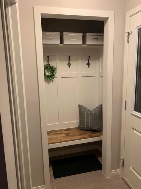 Hallway Closets Ideas Small, Entranceway Closet Ideas, Small Foyer Closet Ideas, Coat Closet Makeover Small, Entryway Coat Closet Organization, Closet Redo Entryway, Tiny Entry Closet Ideas, Entry Hallway Closet Ideas, Small Front Hall Closet Makeover