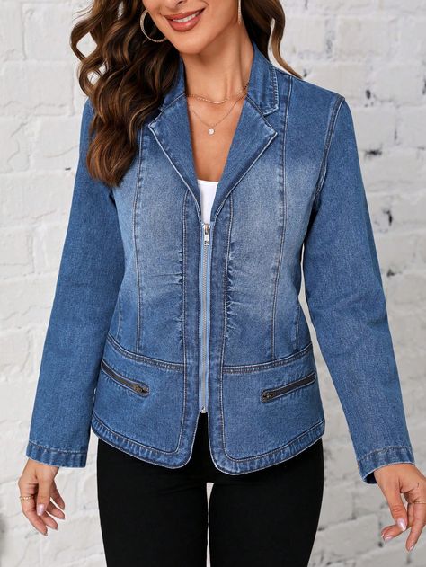 Medium Wash Casual Collar Long Sleeve Denim Plain Other Embellished Non-Stretch  Women Clothing Classic Denim Jacket, Jean Jacket Women, Jacket Outfit, Arte Popular, Fashion Hacks Clothes, Denim Jacket Women, Denim Jackets, Jacket Women, Outfit Casual