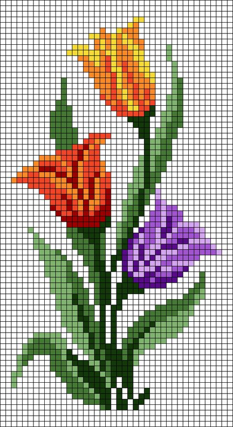 Alpha pattern #66974 | BraceletBook Floral Pixel Pattern, Tulip Alpha Pattern, Pixel Flower Art, Cross Stitch Designs Flowers, Crosstitch Flower, Pixel Art Fleur, Pixel Flower Pattern, Flowers Pixel Art, Tulip Cross Stitch Pattern