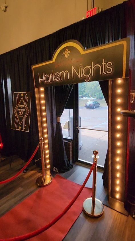 Roaring 50s Birthday Party, Harlem Nights Backdrop, Harlem Nights Party Decor, Great Gatsby Room Decor, Harlem Nights Decor, Harlem Nights Theme Wedding Reception, Roaring 20s Gala Decor, Harlem Nights Decorations, Gala Night Theme Ideas