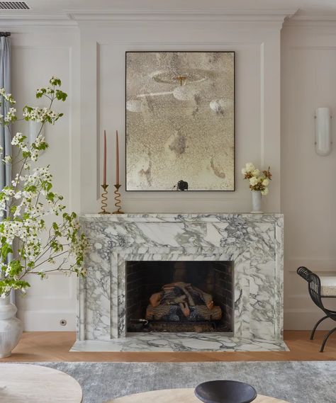 Marble Fireplace Mantle, Limestone Fireplace Surround, Types Of Marble, Transitional Fireplace, Luxury Fireplace, Stone Fireplace Surround, Marble Fireplace Surround, Mantel Design, Muted Palette