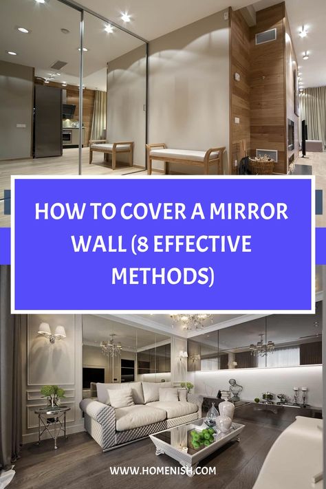 Mirror walls can be a practical and appealing feature in a room, but they aren’t to everyone’s taste. If you have a mirrored wall that you can’t stand the sight of, there are a number of ways you could consider covering it. Mirror Wall Update, What To Do With A Mirrored Wall, Mirror Covering Ideas, Cover Mirrored Walls, How To Update A Mirrored Wall, Covering Mirrored Wall, How To Decorate A Mirrored Wall, How To Cover A Mirrored Wall, How To Decorate Around A Mirror