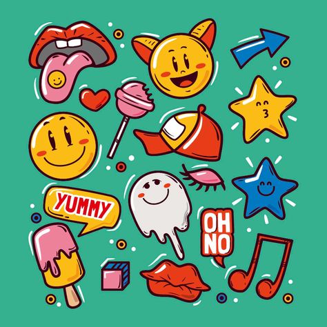 Free Vector | Hand drawn trendy cartoon elements collection 1970 Cartoons, Canva Idea, Cartoon Elements, Typeface Poster, Smile Drawing, Science Icons, Credit Card Design, Balloon Cartoon, Funny Expressions