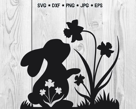 Bunny Svg Free Cricut, Vinyl On Shirts, Vinyl On Mugs, Easter Silhouette, Rabbit With Flowers, Daffodil Flowers, Easter Coloring Book, Decoration Vitrine, Bunny Silhouette