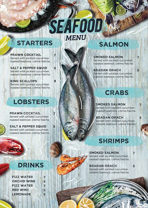 Seafood Restaurant Menu Design, Sea Food Menu Design, Seafood Menu Design, Seafood Menu Ideas, Restaurant Salmon, Lobster Menu, Greek Menu, Restaurant Fish, Menu Sans Gluten