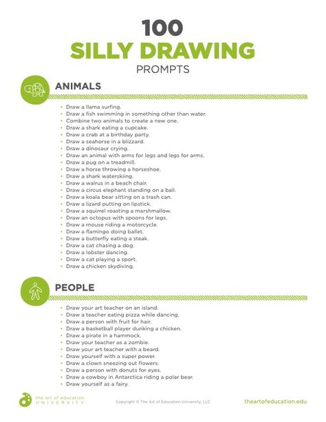 100 Silly Drawing Prompts to Engage Your Students - The Art of Education University Funny Drawing Prompts, Art Sketchbook Prompts, Silly Drawing Prompts, Silly Drawing Ideas, Drawing Prompt Generator, Drawing Prompts For Kids, Doodle Prompts, Sketch Prompts, Whiteboard Prompts