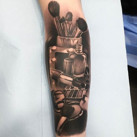 Makeup tattoo done by @aitorjimenez_tattoo | www.otzi.app Spain Makeup, Cosmetology Tattoos, Spain Tattoo, Makeup Artist Tattoo, Hairdresser Tattoos, Hairstylist Tattoos, Makeup Artist Quotes, Lipstick Tattoos, Brush Tattoo