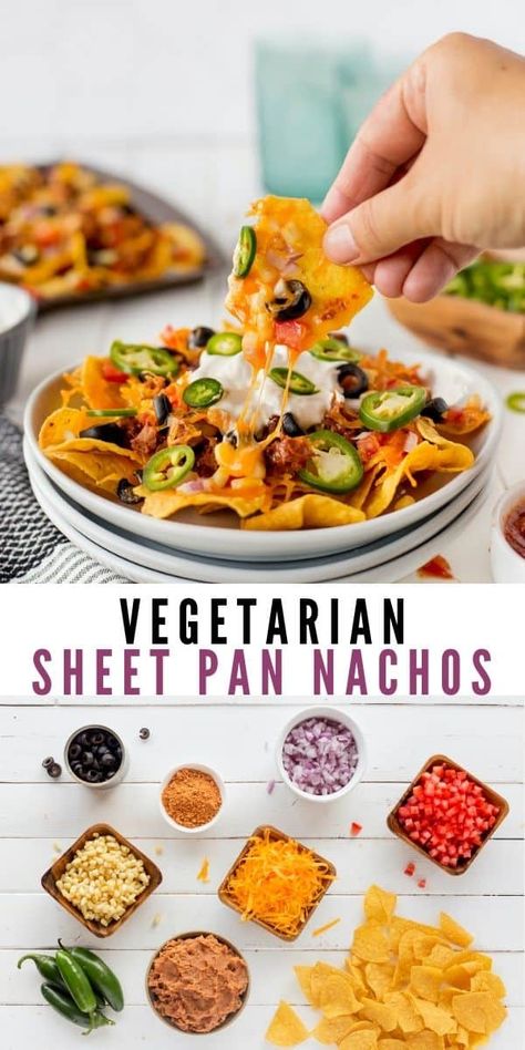 Vegetarian Nachos are a great way to get all those flavors you love without all the meat. This is a perfect recipe for meatless Mondays or taco Tuesdays! Nachos Without Meat, Nachos Recipe No Meat, Cheap Healthy Mexican Meals, Meatless Mexican Meals, Vegetarian Taco Night, Easy Nachos Recipe Simple No Meat, Plant Slant Recipes, Food Without Meat Recipes, Cheap Meatless Dinners