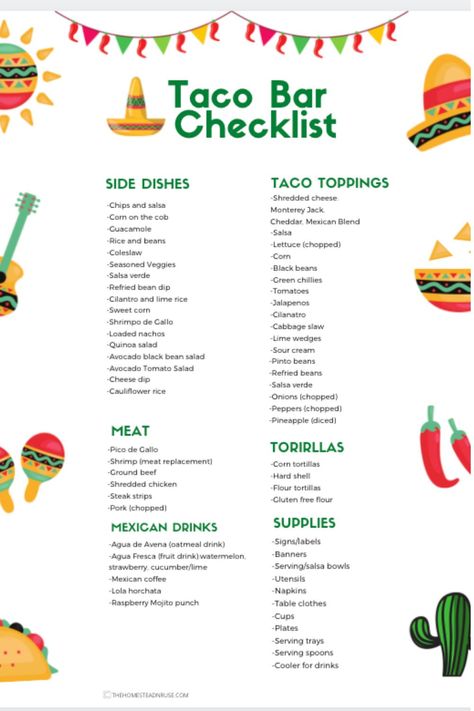 Fiesta Meal Ideas, Taco Bar Party Checklist, Ideas For Taco Bar Party, Nacho Bar Checklist, Taco Bar Themed Party, Nacho Taco Bar Party, Taco Bar Grocery List, Nacho Bar Toppings List, Nacho Bar Birthday Party