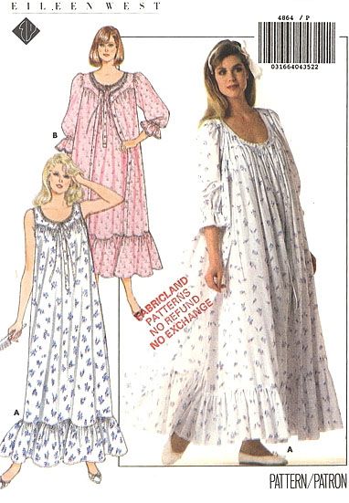 Butterick 4864; ©1987; Eileen West - Robe and Nightgown. Very loose fitting, flared robe or... Victorian Nightgown, Nightgown Pattern, Dresses By Pattern, Eileen West, Top Sewing, Gown Pattern, Vintage Nightgown, Butterick Pattern, Butterick Sewing Pattern