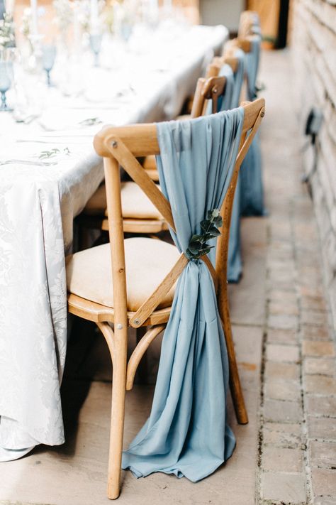 Dusty Blue Wedding Theme Rustic, Dusty Blue Wedding Chair Decor, Blue Decorations Wedding, Rustic Wedding Chair Decor, Blue Rustic Wedding Decor, Wedding Decor Chairs, Wedding Blue Theme, Wedding Decoration Blue, Wedding Decorations Blue