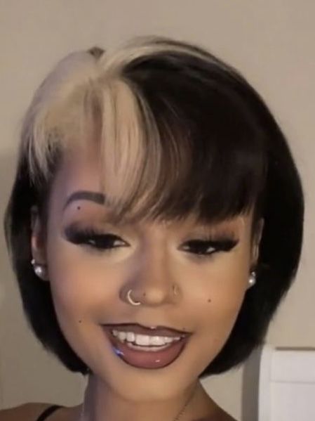 Baddie Short Hairstyles Straight, Black Bob With Curtain Bangs, Short Hollywood Hair, Half Up Half Down Hair Short Hair, Side Part Bob With Bangs, Short Hair Baddie, Feminine Short Hair, Prom Prep, Cornrows Natural