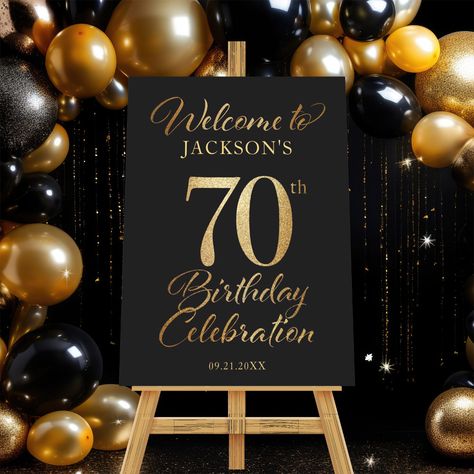 Celebrate birthdays in style with our modern posters! Elevate your space with unique designs that make the perfect gift. #birthdaydecor #modernart #posterart #giftideas #homedecor #wallart #celebration #birthdaygift #decorinspo #uniquegifts 70th Birthday Party Ideas For Mom, 70th Birthday Ideas For Mom, Gold Welcome Sign, 70th Birthday Parties Decorations, Black And Gold Party Decorations, 70th Birthday Decorations, 90's Birthday Party, Black Birthday, Gold Party Decorations