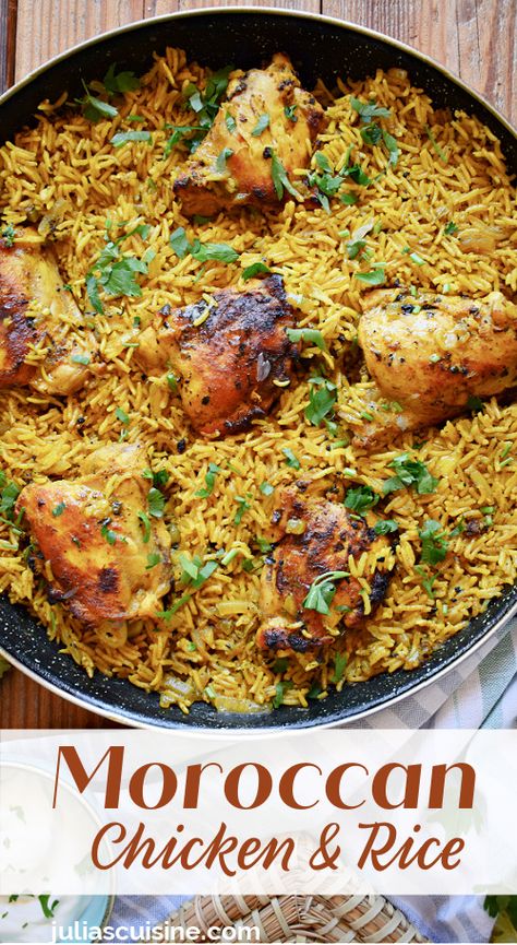 Moroccan Chicken & Rice North African Chicken And Rice, Tagine Chicken Recipes, Moracan Chicken Recipes, Slow Cooker Recipes With Rice, Moroccan Crockpot Recipes, Creative Chicken Dinners, International Rice Dishes, Dinner Recipes For Birthday, Moroccan Main Dish