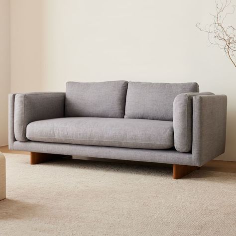 Anton Sofa - Anchor Gray Performance Coastal Linen, Burnt Wax Legs (86") | West Elm West Elm Sofa, Schindler House, Dark Pewter, Mid Century Sofa, Basement Remodel, Wood Sofa, Coaster Furniture, Chic Living, Contemporary Sofa