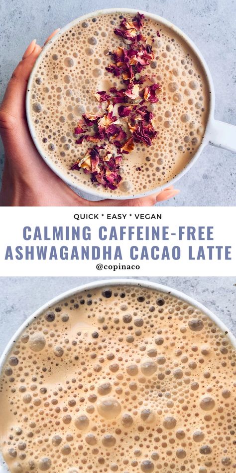 Four Sigmatic Recipes, Calming Tea Recipe, Ashwagandha Drink Recipes, Vegan Hot Drinks, Ashwagandha Powder Recipes, Ashwagandha Drink, Ayurveda Dessert, Coffee Replacement Drinks, Vegan Coffee Recipes