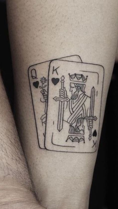 Minimalist Card Tattoo, King And Queen Cards Tattoo, Fine Line Playing Card Tattoo, King Cards Tattoo, Euchre Tattoo, Jack Playing Card Tattoo, King Playing Card Tattoo, Card Tattoo Traditional, Jack Of Hearts Tattoo