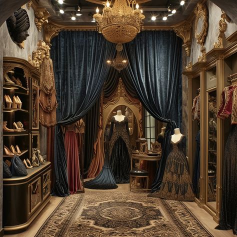 Victorian Boutique Interior: Elegant Victorian-themed boutique featuring exquisite dresses, lush drapery, ornate decor, and a timeless luxurious atmosphere. #victorian #boutique #interior #dresses #drapery #aiart #aiphoto #stockcake ⬇️ Download and 📝 Prompt 👉 https://ayr.app/l/GynH Victorian Boutique Interior, Victorian Era Interior Design, Victorian Sewing Room, Luxury Fitting Room, Victorian Room Aesthetic, Victorian Boutique, Luxury Boutique Interior, Ornate Decor, Luxury Drapery