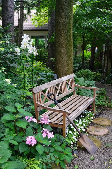 The Humble Garden Bench - a great place to sit and a fantastic garden feature and accessory. Garden benches provide a welcome focal point and a place to sit and while away some time. Nice Place, Woodland Garden, Garden Seating, Wooden Bench, Garden Features, Garden Storage, Garden Bench, Garden Cottage, Garden Accessories