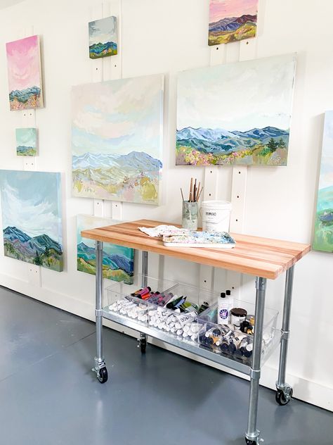 Garage to Art Studio Conversion – Life Is Art Art Studio Hanging Systems, Mixed Media Art Studio Organization, Painting Studio Organization, Paint Studio Ideas Spaces, Art Studio Set Up, Painting Studio Ideas, Painting Studio Workspaces, Small Painting Studio, Painting Room Ideas Art Studios