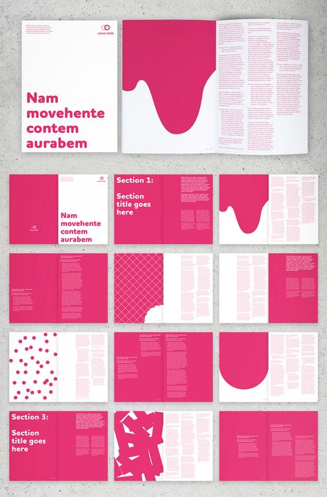 Pink Booklet / Brochure Template. 30 pages Booklet Layout Design Inspiration, Pink Magazine Layout, Creative Booklet Design, Booklet Design Inspiration, Indesign Layout Inspiration, Magazine Design Layout, Booklet Design Layout, Book Design Templates, Booklet Layout