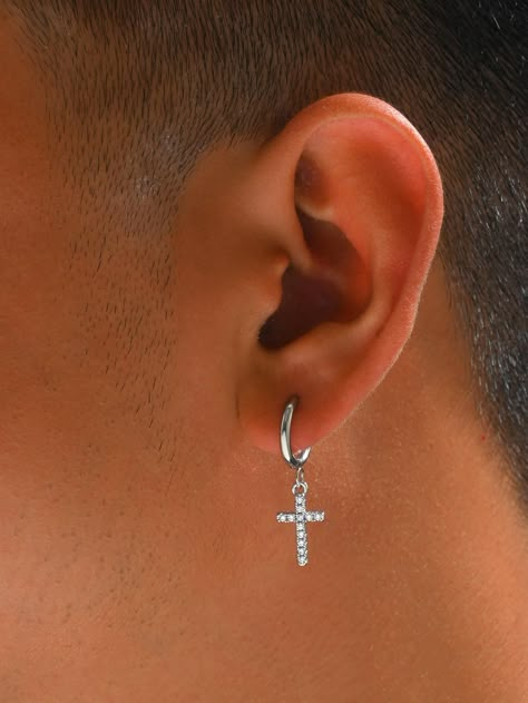 Silver Cross Earrings Men, Cross Ear Piercings Men, Cross Earings Piercings Men, Earings Piercings Aesthetic, Cross Earrings Men, Earring Inspo, Cross Decor, Earrings Outfit, Mens Fashion Jewelry