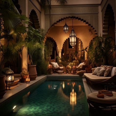 Captivating Moroccan riad featuring vibrant tiles, arches, and lanterns, embodying a rich cultural tale of elegance and charm. A hidden gem waiting to be explored. Moroccan Mansion Exterior, Outdoor Moroccan Lanterns, Vibrant House Decor, Arab House Aesthetic, Interior Design Vibes, Brazil Interior Design, Morocon Designs, Arabian Style House, Middle Eastern House