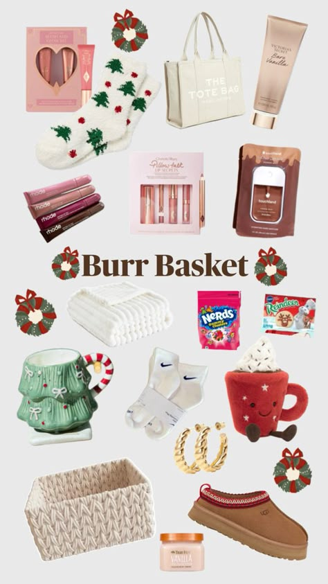 Christmas List/ Burr Basket!! Mom Burr Basket, Burr Basket Dollar Tree, Burr Basket For Bsf, Bur Basket Cheap, Burr Baskets Cheap, Mini Burr Basket Ideas, Cute Burr Basket Ideas, Winter Raffle Basket Ideas, Burr Basket Ideas For Mom