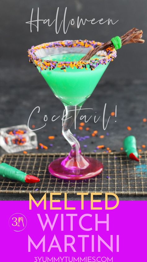 Celebrate Halloween with this Melted Witch Martini with vodka, Blue Curacao and fruit juices.  Top it with a sprinkle rim and a Twizzlers broomstick for a truly festive cocktail that will have you cackling the night away. Witches Brew Martini, Witch Cocktail Recipe, Cool Halloween Alcoholic Drinks, Cheap Halloween Cocktails, Halloween Drinks Alcoholic, Pretty Martini Drinks, Halloween Themed Martinis, Witch Themed Cocktails, Purple People Eater Cocktail