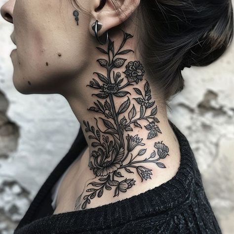 Throat Tattoos Master Tattoo Designs Victorian Throat Tattoo, Traditional Throat Tattoos Women, Large Collar Bone Tattoo, Women’s Tattoo Ideas Neck, Woman Neck Tattoo Side, Floral Neck Tattoo For Women, Womens Throat Tattoo, Neck Throat Tattoos Women, Throat Tattoos Women Simple