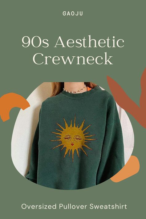 GAOJU green crewneck sweatshirt with 90s indie aesthetic design. 90s Indie Aesthetic, Aesthetic Crewneck, 90s Indie, Campus Life, 90s Sweatshirt, Dropped Shoulder Sweatshirt, Indie Aesthetic, Sweatshirt For Women, Sweatshirt Outfit