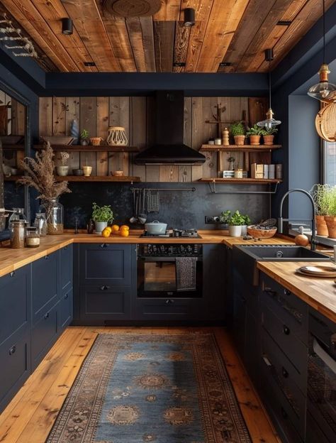 Dark Blue Kitchen, Navy Kitchen Cabinets, Dark Blue Kitchens, Slate Kitchen, Country Kitchen Ideas, Tiktok Influencer, Country Vibes, Industrial Style Kitchen, Blue Kitchen Cabinets