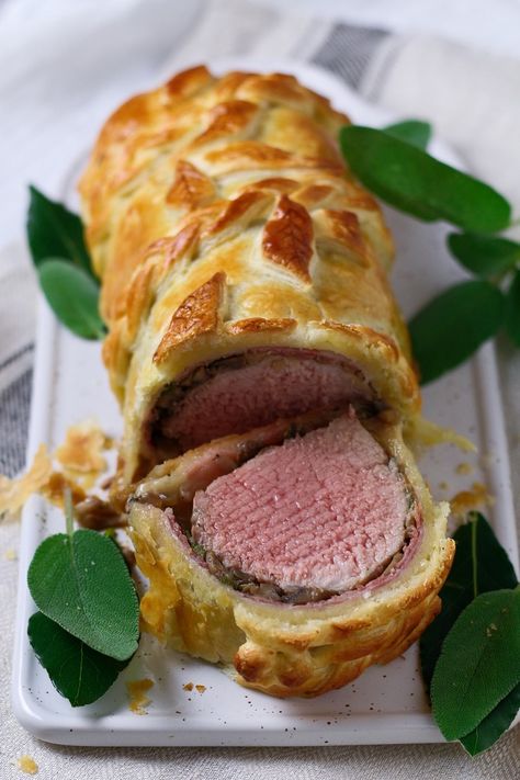 Pork Loin Wrapped In Puff Pastry, Pork Loin Wellington, Pork Tenderloin Wrapped In Puff Pastry, Pork Tenderloin Puff Pastry Recipes, Pork Tenderloin In Puff Pastry, Pork Wellington Recipe Easy, Puff Pastry Pork Tenderloin, Holiday Pork Tenderloin, Prosciutto Wrapped Pork Tenderloin