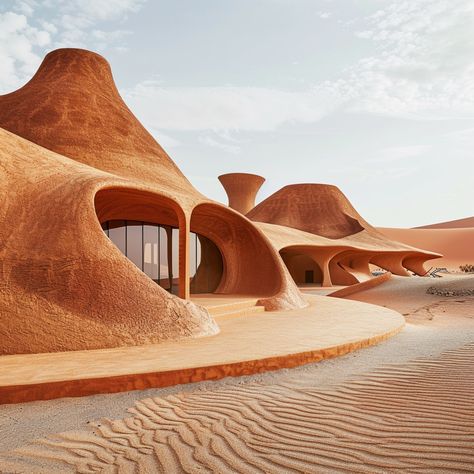 Desert Pavilions 🏜 #africanarchitecture #afrofutursim #vernaculararchitecture #Africa #architecture #designinspo #architectureinspo #culture #architectureschool #fyp #viral #archhunter #archgini #architizer #archdaily #midjourneyarchitect #midjourney #ai #aiarchitecture Futurism Architecture, Earth Ships, Africa Architecture, Desert Sahara, Ecological House, Desert Aesthetic, Community Centre, Man Projects, Cob House