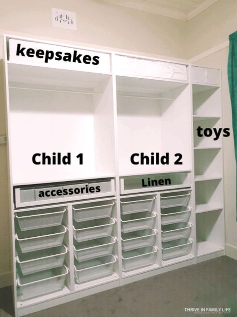 Twin Wardrobe Ideas, Clothes And Toys Closet, Nursery Pax Wardrobe, Closet For Toys, Shared Bedroom Closet Organization, Clothes Storage Room, Ikea Pax Nursery Closet, Children’s Bedroom Storage, Pax Wardrobe Kids Room