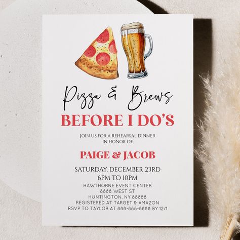 Wedding Rehearsal Pizza Dinner, Pizza And Beer Rehearsal Dinner, Small Rehearsal Dinner Ideas, Easy Rehearsal Dinner Ideas, Dinner Rehearsal Ideas, Simple Rehearsal Dinner Ideas, Grooms Dinner Ideas, Themed Rehearsal Dinner Ideas, Pizza Rehearsal Dinner Ideas