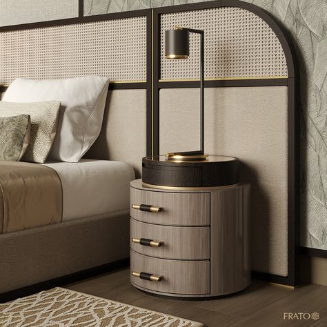 New Collection: A sleek circular design featuring three suede-lined drawers, the wood veneer and brushed-brass TULSA bedside table has an ace up its sleeve: a surface pedestal topped with bronze mirror. Accessorise with a complementary table lamp and it will playfully reflect light around your sleep space. . . . . . #Design #furniture #interiordecor #interiorstyling #designinspiration #homestyle #homedecoration #bedroomDecor #Bedroom #BedsideTable #luxuryhome #FRATO #TimelessInteriorsbyFRATO Frato Furniture Bed, Luxury Side Tables Bedroom, Bedroom Design With Mirror, Mirror Behind Bed, Frato Furniture, Luxury Bedside Tables, Luxury Bedroom Interior, Moroccan Bedroom, Luxury Bedroom Furniture