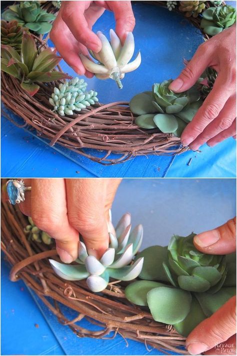 DIY Faux Succulent Wreath | How to make a beautiful spring wreath with faux succulent and moss | Easy and budget friendly home decor | Farmhouse decor | Pottery Barn inspired succulent wreath | Knock-off home decor | Dollar Store crafts | DIY door and wall decor | TheNavagePatch.com Succulent Wreaths For Front Door, Faux Succulent Wreath Diy, Cactus Wreath, Faux Succulent Wreath, Succulent Wreath Diy, Hanging Wreaths, Spring Door Decoration, Wreath Stand, Living Wreath