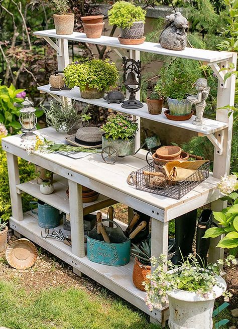 Wooden Outdoor Garden Potting Bench Work Station 4 Layer Multifunction Storage Flower Plant DIY Workstation for Patios, Courtyards, Balcony ( Color : White ) : Patio, Lawn & Garden #affiliatelink Garden Shelving Ideas, Outdoor Table Storage, Planting Station Potting Tables, Repurposed Potting Bench Ideas, Diy Potting Station, Garden Shelves Outdoor, Garden Work Bench Potting Station, Diy Plant Table, Potting Table Ideas