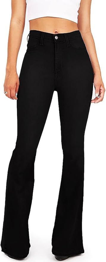 KDF Women's Black Bell Bottom Jeans for Women High Waisted Flare Bootcut Stretch Plus Size Slimming Bell Bottom Pants for Women, 18, Black at Amazon Women's Jeans store Black Bell Bottom Jeans, High Waisted Bell Bottom Jeans, Womens Flare Jeans, Blue Flare Jeans, Bauchfreies Top, High Waisted Flare Jeans, Stretch Denim Fabric, Mode Jeans, Bottom Jeans