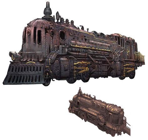 Steampunk Train Fantasy Art, Magic Train Fantasy Art, Steampunk Airship Concept Art, Steampunk Vehicle Concept Art, Train Fantasy Art, Train Concept Art, Fantasy Transport, Steampunk Concept Art, Fantasy Machine