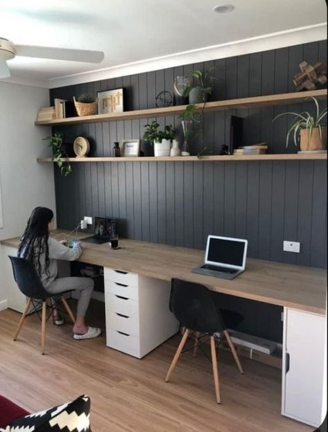 Long desk design supports collaborative work sessions Home Office With Shelving, Long Study Desk, Home Double Office Ideas, Office With Long Desk, Home Office With Long Desk, Side By Side Desks Home Office, Home Office Design Ideas For Two, Long Desk With Storage, 2 Person Desk Ideas