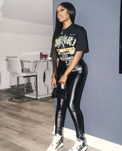 Leather Pants Outfit Black Women With Sneakers, Black Amiri Shoes Outfit, Leather Pants And Graphic Tee Outfit, Baddie Leather Pants Outfit, Leather Jeans Outfit Black Women, Leather Pants Outfits Black Women, Amiri Jeans Women, Amiri Jeans Outfit Black Women, Amiri Shirt Outfit Black Women