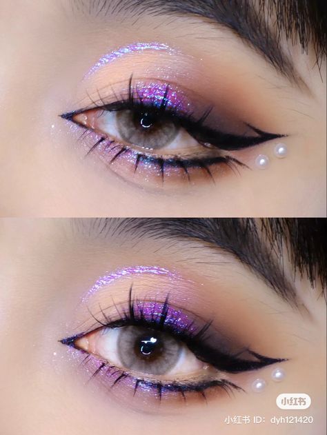 Colorful Eye Makeup With Glasses, Jelly Eye Makeup, Ateez Inspired Makeup, Black Fairy Makeup, Iridescent Makeup Looks, Duochrome Eyeliner, Fairy Core Makeup, Cybercore Makeup, Makeup Hooded Eyes