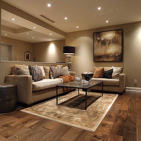 10 Stunning Basement Flooring Ideas with Engineered Hardwood • 333+ Inspiring Lifestyle Ideas Basement Flooring Ideas, Installing Recessed Lighting, Contemporary Basement, Sleek Coffee Table, Inspiring Lifestyle, Brown Floor, Basement Reno, Cozy Basement, Basement Renovation